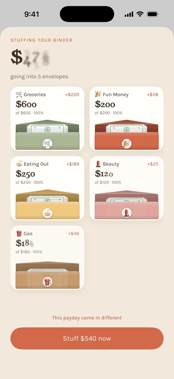 Payday in progress: $471 going into five envelopes, each card showing what it gains, above a Stuff $540 now button